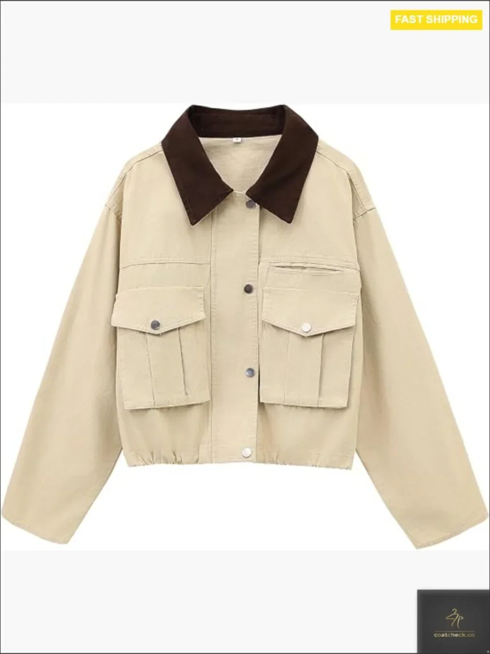 Cropped Jacket Contrast Collar Utility Coat Cargo Barn Jacket Outwear Pockets